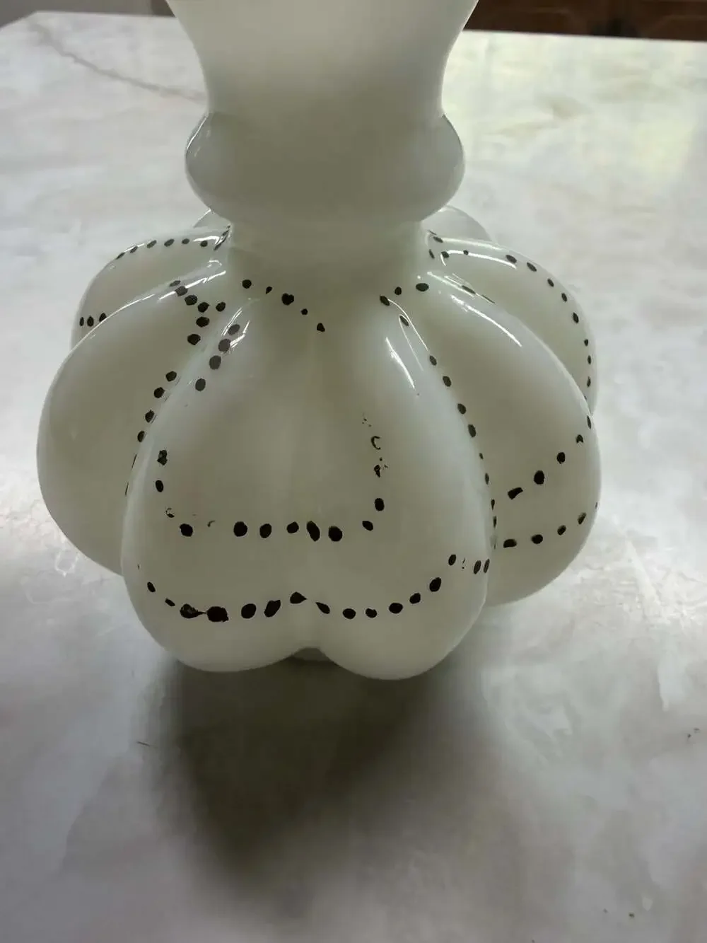 Vintage Fenton Silvercrest Beaded Melon Vase White Milk Glass with Clear Ruffled